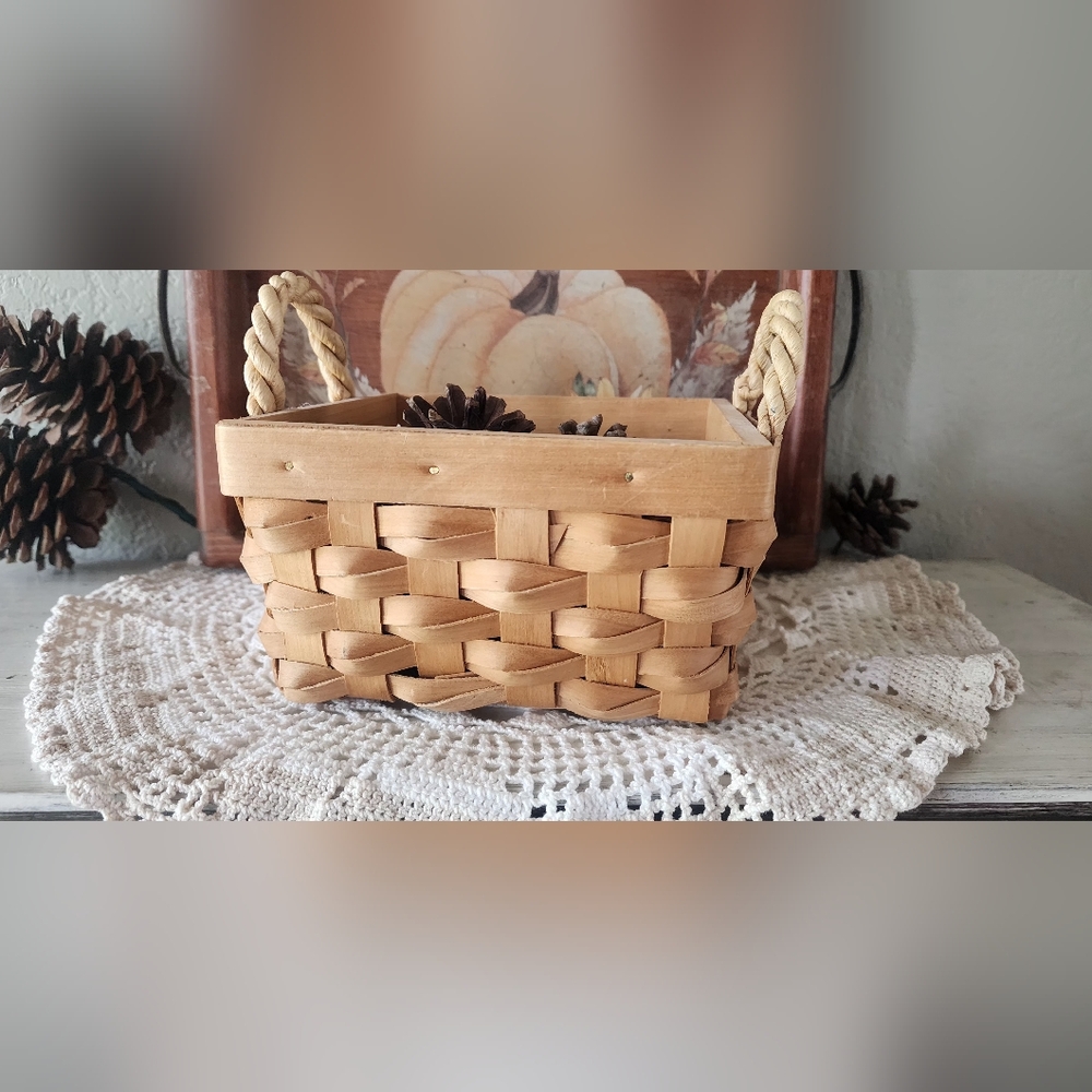 Vintage Handmade Wooden Basket with Crossover Weave & Twisted Handles